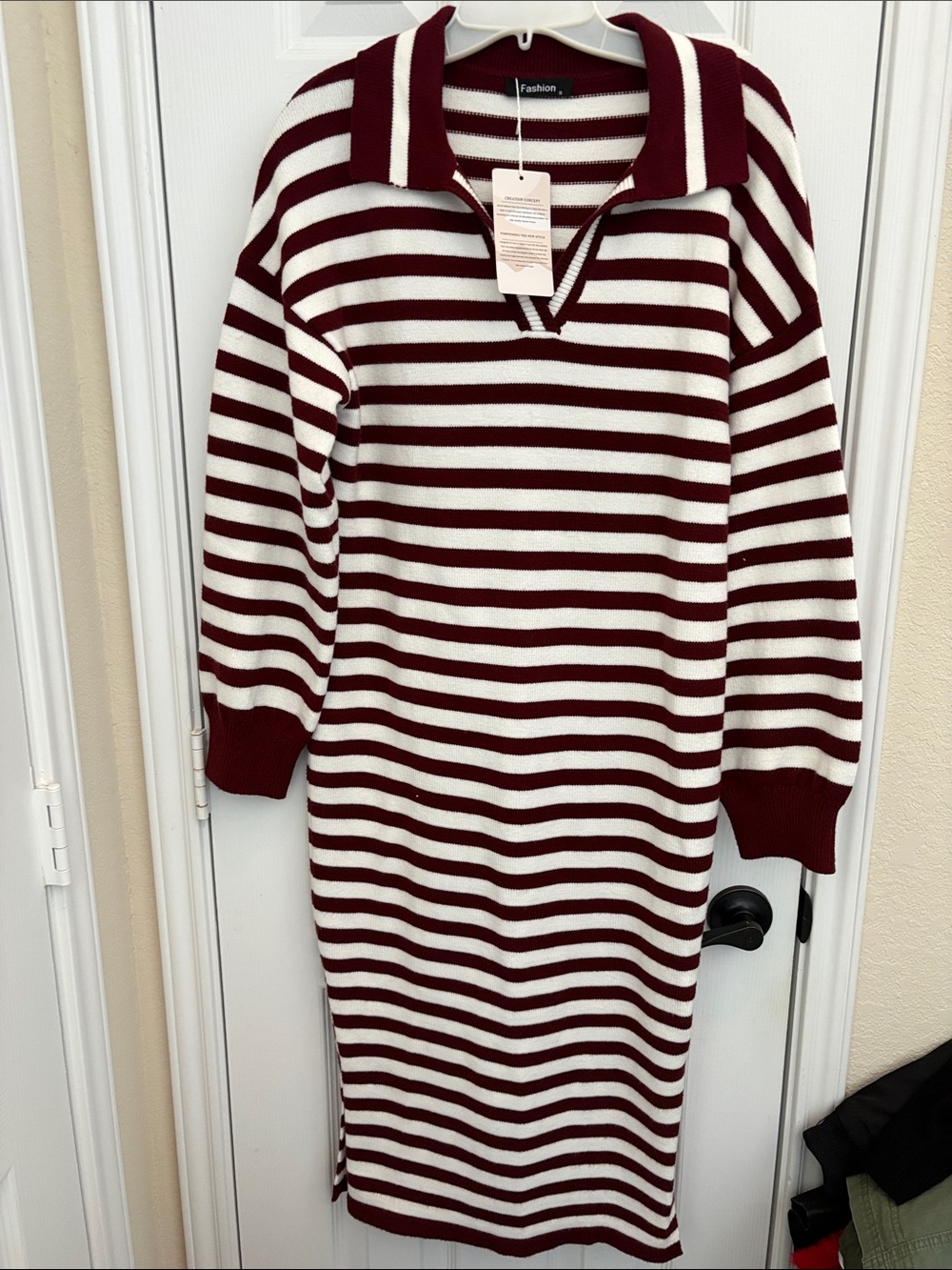 Classic Knit Striped Maxi Dress in Burgundy and White